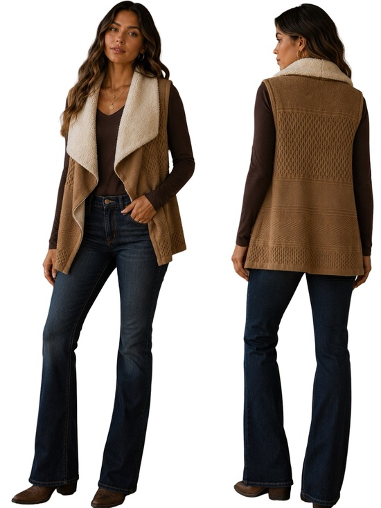C Est. 1946 Sweaters - Sleeveless Brown Knit Cabin-core Western Vest Faux-Sherpa Collar Size Medium